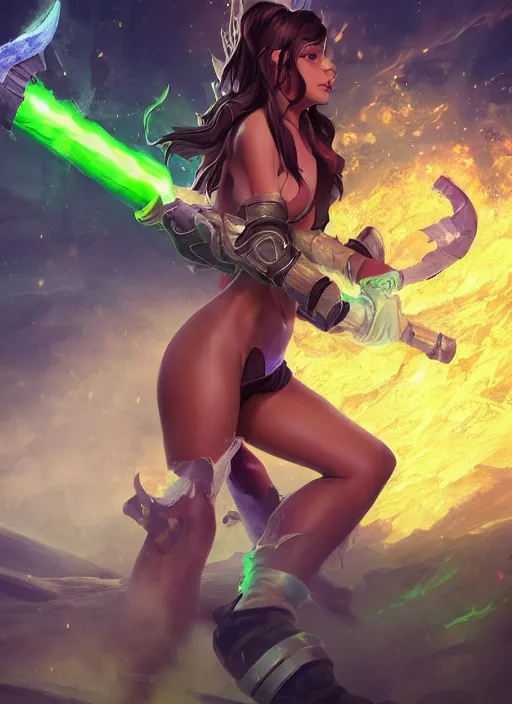 Prompt: senna from league of legends, au naturel, firing a giant weapon, with abs, brown skin, glowing green neon eyes, wearing white robe, digital art, trending in artstation, cinematic lighting, studio quality, smooth render, unreal engine 5 rendered, octane rendered, art style by klimt and nixeu and ian sprigger and wlop and krenz cushart