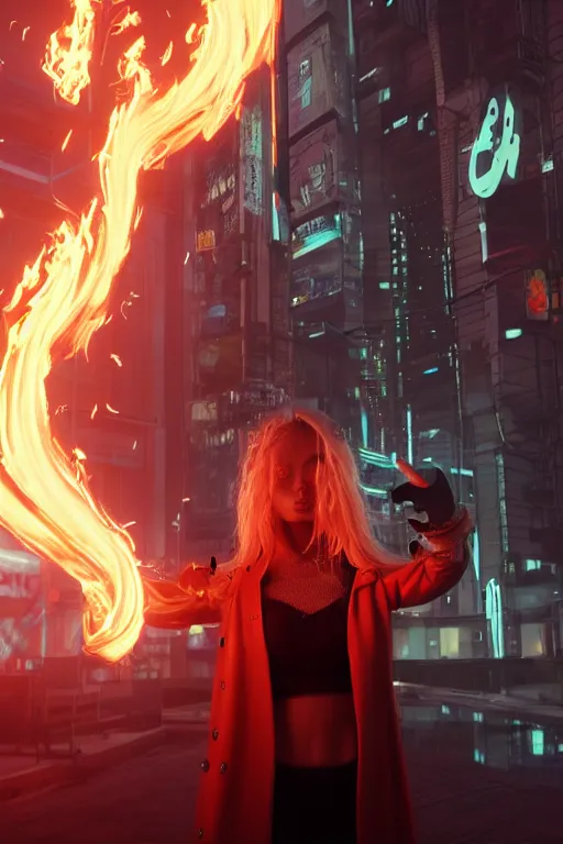 Image similar to young blonde woman from behind with flames dancing on her hands with a long jacket in a cyberpunk city, realistic, high definition, 4K, shimmering color, art of unreal engine 5