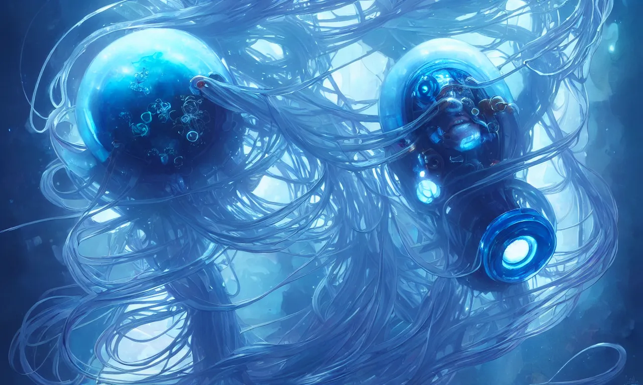 Image similar to Small cyberpunk jellyfish, blue tones, underwater, 360, highly detailed, digital painting, artstation, concept art, smooth, sharp focus, illustration, art by artgerm and greg rutkowski and alphonse mucha