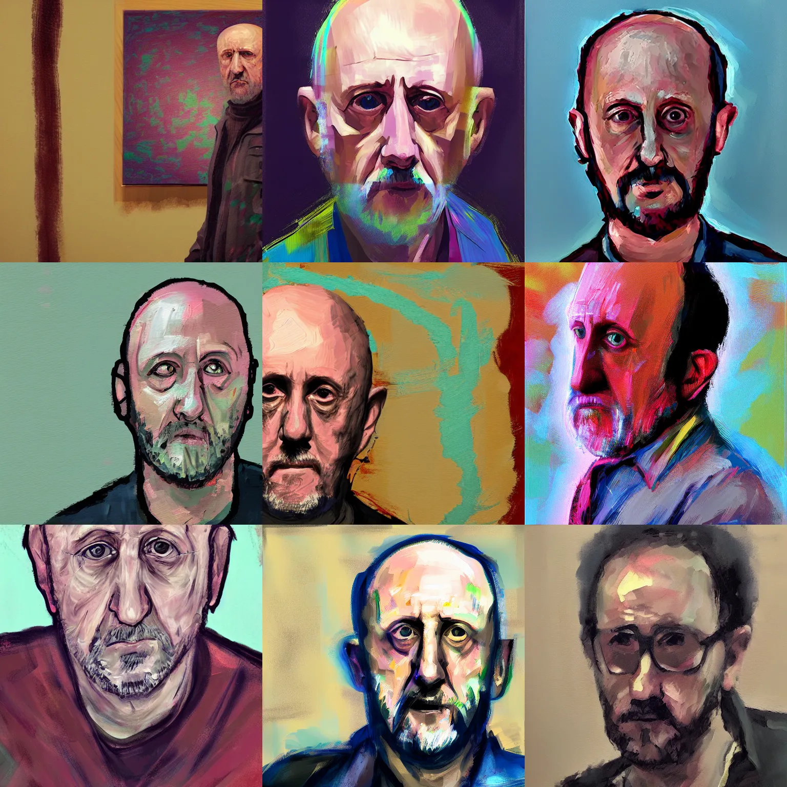 Prompt: abstract expressionist portrait of mike ehrmantraut. art style of disco elysium. broad stroke. slightly blurry.