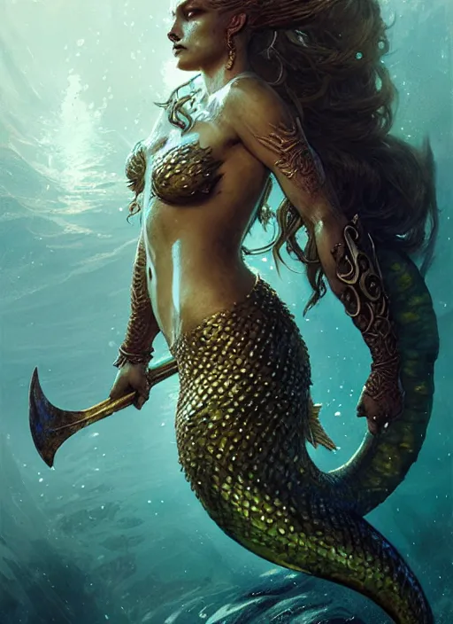 Image similar to a fierce mermaid warrior under water, fantasy character portrait, ultra realistic, concept art, intricate details, highly detailed by greg rutkowski, gaston bussiere, craig mullins, simon bisley