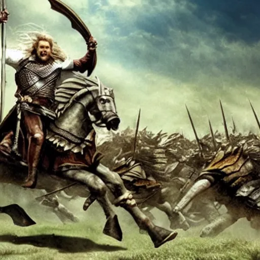 Image similar to the rohirrim riding into battle on giant turtles at minas tirith