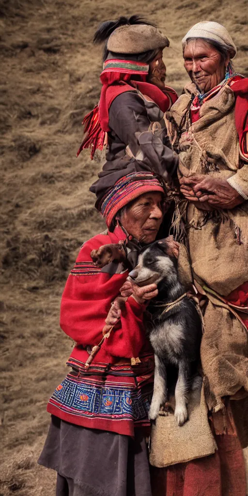 Prompt: indigenous Cuzco Couple with Dog, Peru in 1950, andean clothing, unreal 5, hyper realistic, realistic, photo realistic, dynamic lighting, highly detailed, cinematic landscape, studio landscape, studio lighting