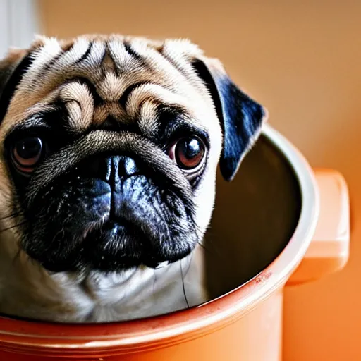 Image similar to An adorable pug sitting in a pot of water atop a stove, high resolution photograph