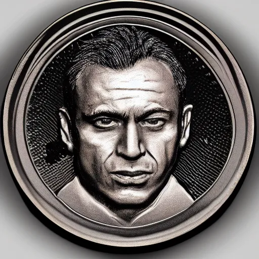 Image similar to Gregor Giesi Face stamped on a coin. 4K ultrahd. Artstation.