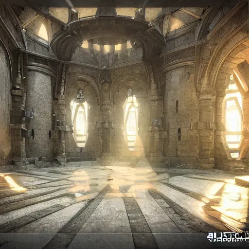 Image similar to ultra mega super hyper realistic Digital concept interior design of castle in futuristic style mixed with medieval style. More cyberpunk less medieval. Natural white sunlight from the transperient roof. Rendered in VRAY and DaVinci Resolve and MAXWELL and LUMION 3D, Volumetric natural light