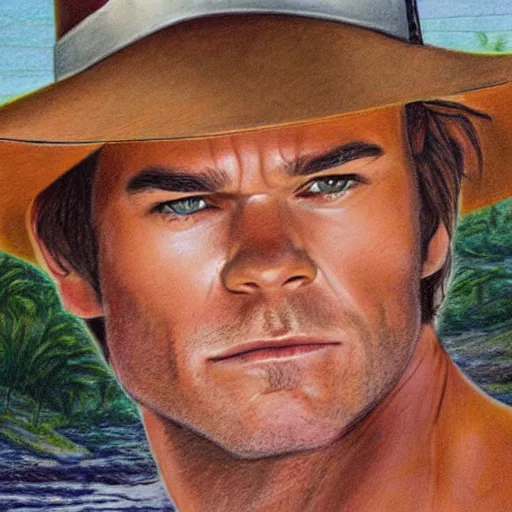 Image similar to dexter Morgan, Indiana jones, and artist formerly known as prince go to the beach, portrait, highly detailed, colored pencil