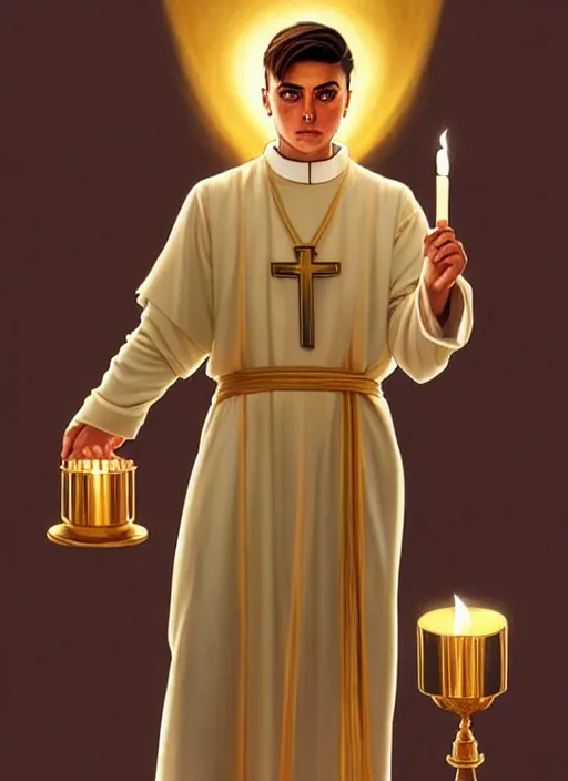 Image similar to paulo dybala as a priest wearing robes. holding golden candlestick, in a monestry natural lighting, path traced, highly detailed, high quality, digital painting, by don bluth and ross tran and studio ghibli and alphonse mucha, artgerm