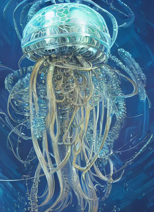 Image similar to Panorama hyper detailed painting of a cyberpunk jellyfish, blue tones, underwater, 8 mm, highly detailed, digital painting, artstation, concept art, smooth, sharp focus, illustration, art by artgerm and greg rutkowski and alphonse mucha