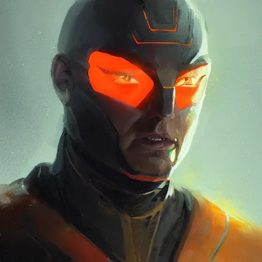 Image similar to portrait of a superhero by greg rutkowski, he looks like joseph quinn, he is wearing a black, orange and yellow kevlar gear, highly detailed portrait, digital painting, artstation, concept art, smooth, sharp foccus ilustration, artstation hq