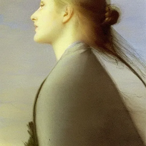 Prompt: a young woman’s face, her hair is silver, she wears a long flowing blue satin veil, by ivan aivazovsky and pieter claesz and paul delaroche and alma tadema and august malmstrom and and willen claesz heda and aelbert cuyp and gerard ter borch, contrapposto, hyperrealistic, volumetric light, rendered in octane, c4d