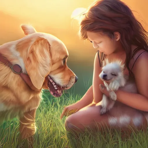 Prompt: semirealistic digital art of a girl playing with a dog, golden hour, detailed