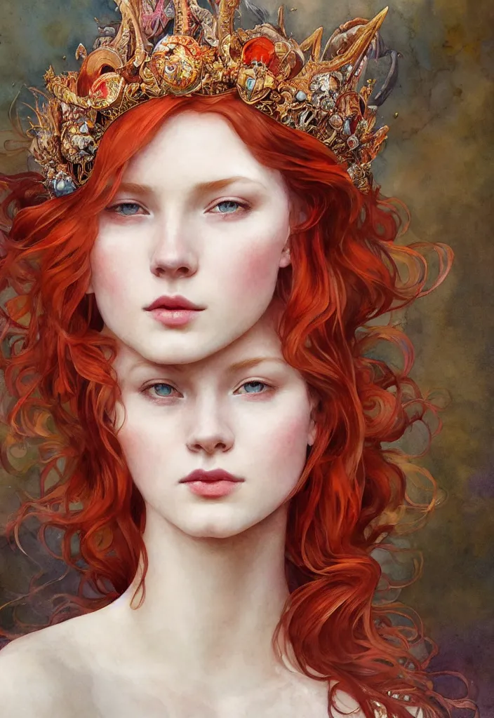 Image similar to beautiful watercolor painting of a young red hair woman wearing a crown completely made of fish, intricate, elegant, highly detailed, digital painting, artstation, concept art, smooth, sharp focus, art by krenz cushart and artem demura and alphonse mucha, dynamic lighting, ultrarealistic, cinematic, octane render, 8 k