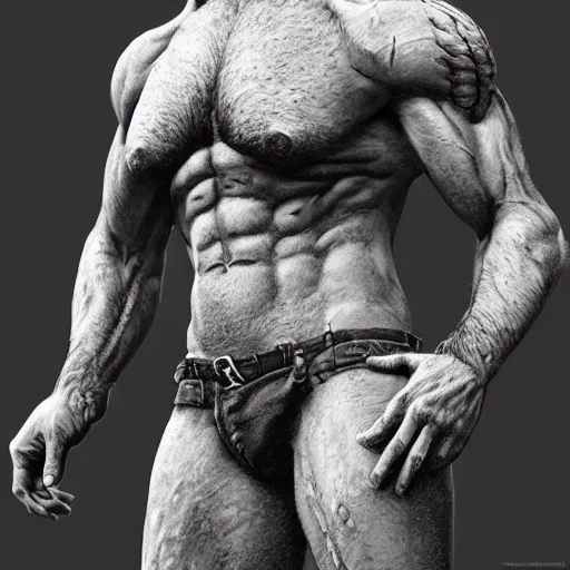 Image similar to portrait of a rugged ranger, muscular, upper body, hairy torso, detailed detailed detailed hands hands hands hands, D&D, fantasy, bare bare bare bare thighs thighs thighs intricate, elegant, highly detailed, digital painting, artstation, concept art, smooth, sharp focus, illustration, art by wlop