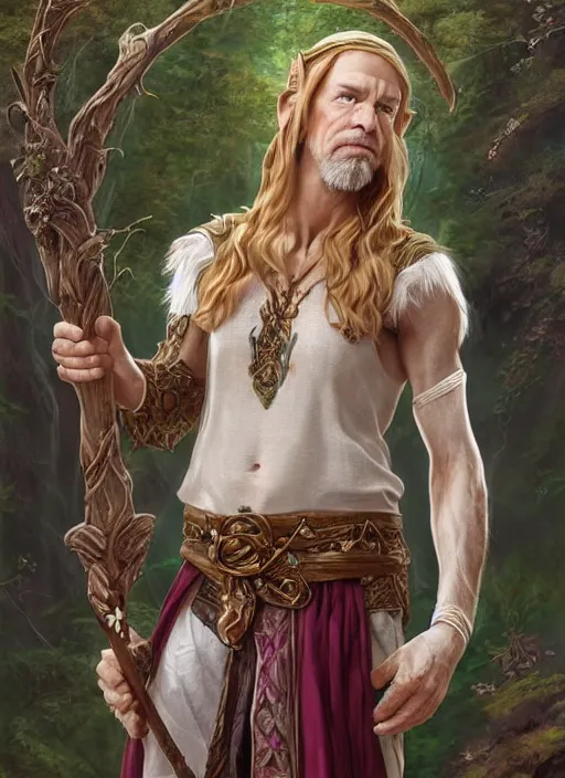 Prompt: a relaxed half elf middle aged druid in a sleeveless west, strong, full body, 8 k, hyperrealistic,, hyperdetailed, fantasy portrait by laura sava