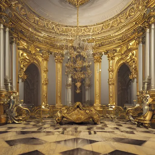 Prompt: baroque versailles interior with statues and golden decorations, baroque furniture, by peter mohrbacher dan mumford craig mullins nekro, cgsociety, pixiv, volumetric light, 3 d render