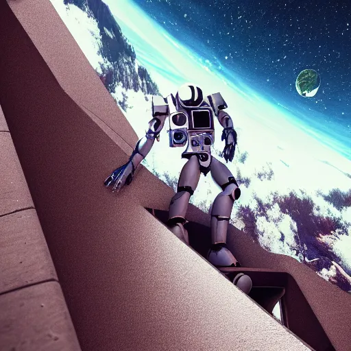 Image similar to beautiful portrait of a mecha astronaut walking up the stairs of heaven alone, octane render, trending on artstation, hyperrealistic, character photography