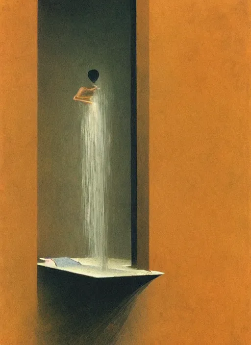 Prompt: water pouring from the bottom of a paper bag Edward Hopper and James Gilleard, Zdzislaw Beksinski, highly detailed