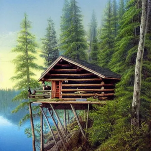 Prompt: cabin on a cliff overlooking a lake in a forest, Stephen youll