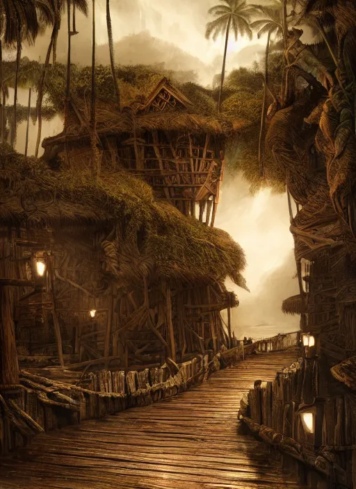 Image similar to wooden palisade wall on a tropical island kit by torches in a Storm night, intricate Details, raphael lacoste, eddie mendoza, alex ross, concept art, matte painting, highly detailed, rule of thirds, dynamic lighting, cinematic, detailed, denoised, centerd, clean render