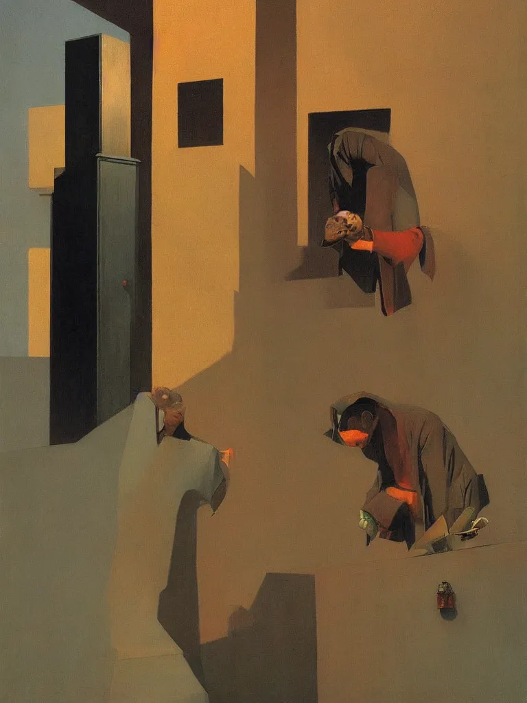 Image similar to magician with a trash over his head praying to a trash bin Edward Hopper and James Gilleard, Zdzislaw Beksinski highly detailed