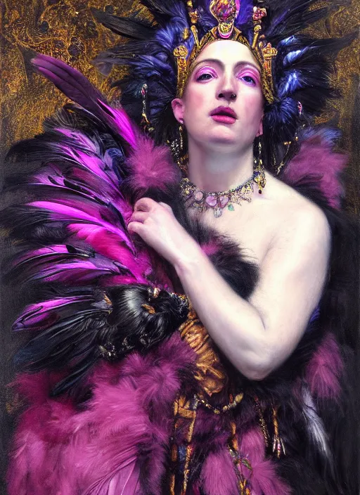 Image similar to highly detailed oil painting | very intricate | cinematic lighting | black, magenta and turquoise color scheme, dark background | the queen of heaven by jake hicks, dressed in feathers | by roberto ferri, by gustav moreau, by singer sargent and klimt, american romanticism, occult art | by austin osman spare, artstation, cgsociety, official art, octane