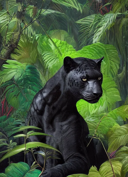 Image similar to a beautiful painting portrait of a black jaguar surrounded by the leaves of the jungle, highly detailed close up, fantasy art, matte painting