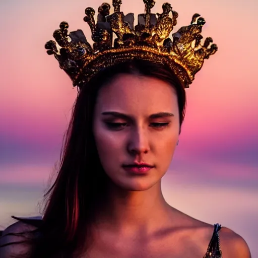 Image similar to an aesthetic beautiful female goddess wearing a crown in a relaxed pose head shot, sunset lighting