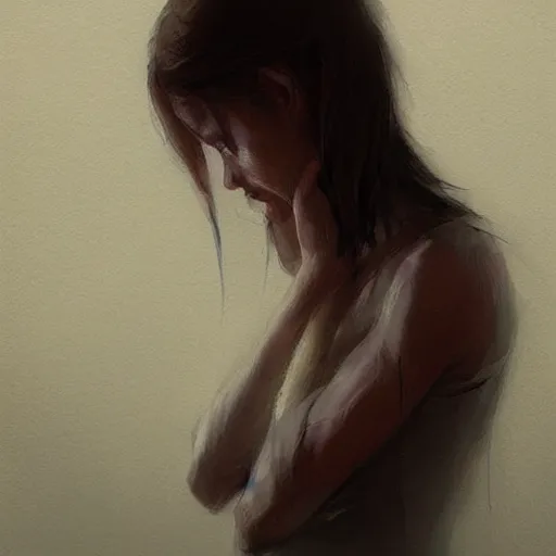 Prompt: “a girl crying in the corner by Greg Rutkowski, realism, depression, trending on artstation”