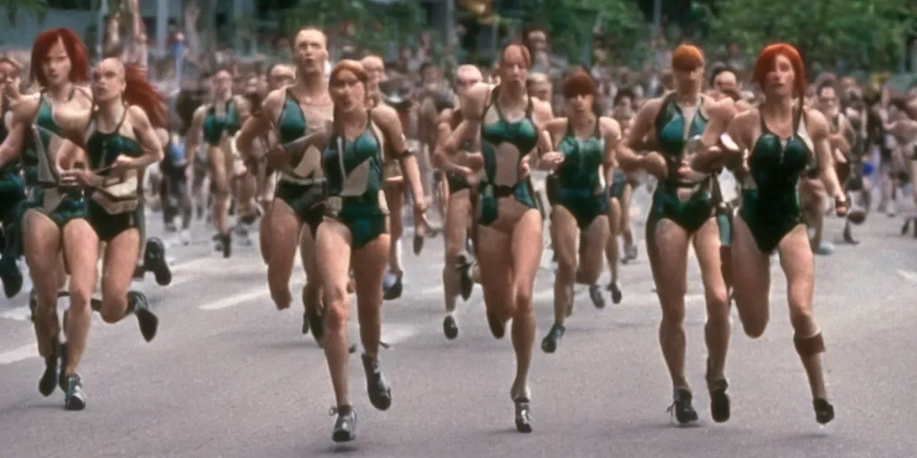 Image similar to The matrix, LeeLoo, Starship Troopers, Sprinters in a race, The Olympics footage with crowd cheering, cinematic stillframe, french new wave, The fifth element, vintage robotics, formula 1