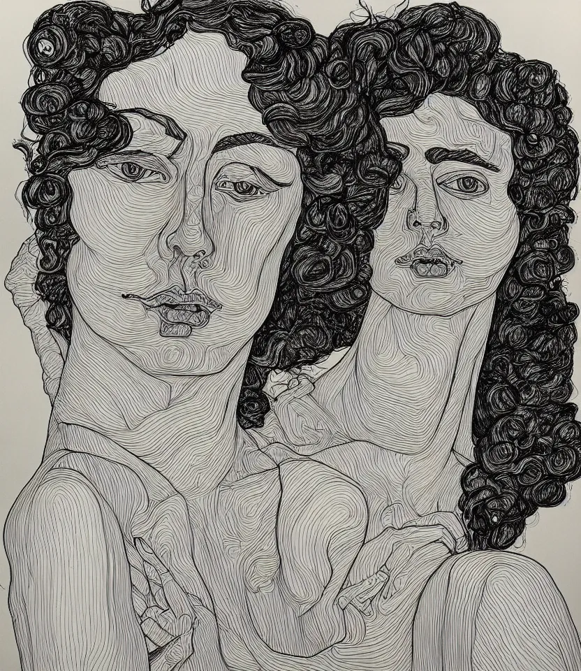 Image similar to detailed line art portrait of hang williams, inspired by egon schiele. contour lines, musicality, twirls, curls, curves, confident personality