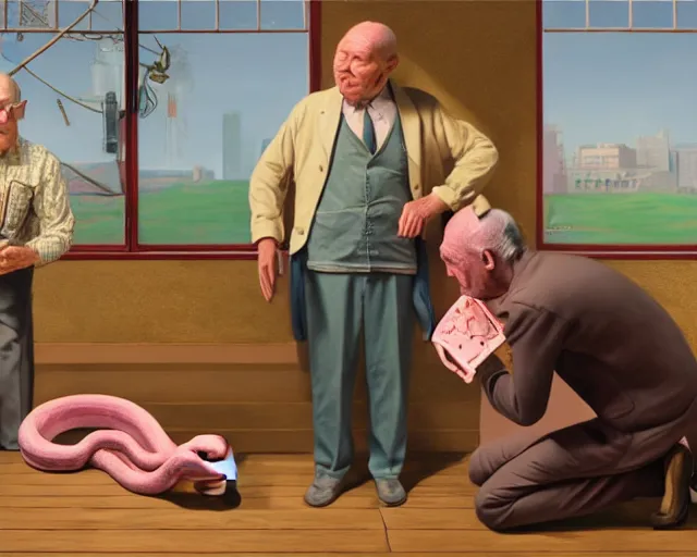 Image similar to the famous snake oil salesman Uncle Aloysius curing a patient of the pink wojacity, painting by Grant Wood, 3D rendering by Beeple, sketch by R. Crumb