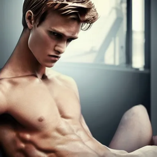 Image similar to a realistic detailed photo of a guy who is an attractive humanoid who is half robot and half humanoid, who is a male android, soccer player martin ødegaard, shiny skin, posing like a statue, blank stare, in a living room, on display, showing off his muscles