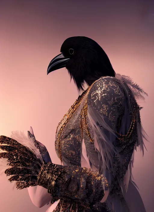 Image similar to dreamlike luxury portrait of a gothic raven, pale pink and gold, 8 k realistic, hyperdetailed, beautiful lighting, detailed background, depth of field, frostbite 3 engine, cryengine,