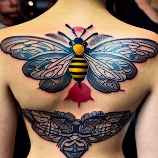 Image similar to a tattoo of bee movie by pixar on the clear back of a woman with crimson - red hair, tattooist is anonymous