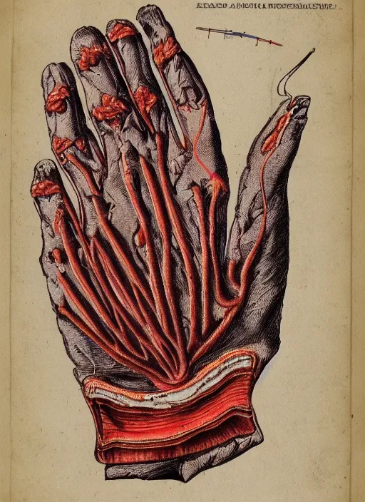 Prompt: vintage medical anatomical illustration of freddy krueger's glove, highly detailed, labels, intricate writing