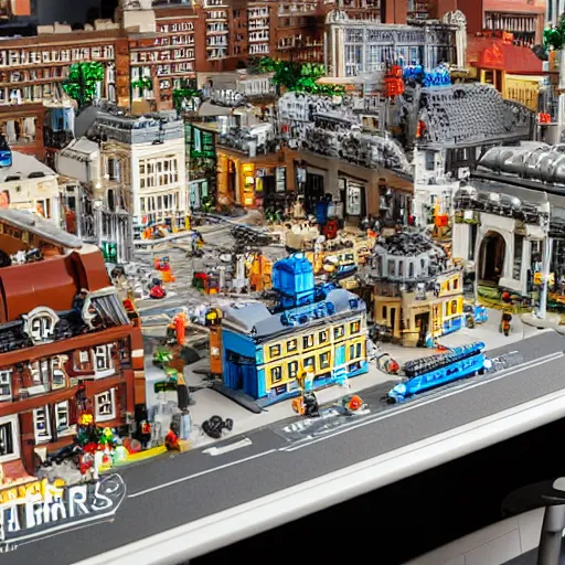 Image similar to detailed lego build of dublin city on garage table, professional photo, professional lighting, HDR