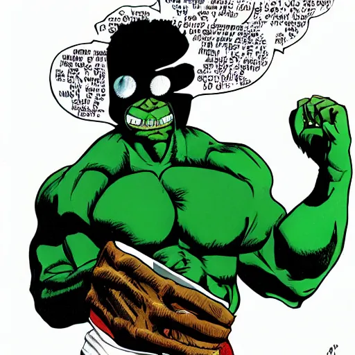 Prompt: the hip hop artist MF DOOM as the hulk