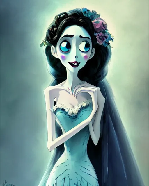 Prompt: still film, elegant mysterious gracious undead wanda in the corpse bride if made by krenz cushart and wenjun lin, portrait, illustration, rim light, top light, summer clear blue sky, perfectly shaded, soft painting, epic, intricate, art