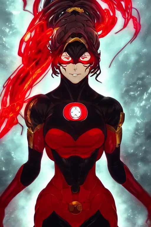 Image similar to anime key visual of a beautiful female red lantern!! intricate, red and black suit, glowing, powers, rage, anger, hate, dc comics, cinematic, stunning, highly detailed, digital painting, artstation, smooth, hard focus, illustration, art by artgerm and greg rutkowski and alphonse mucha