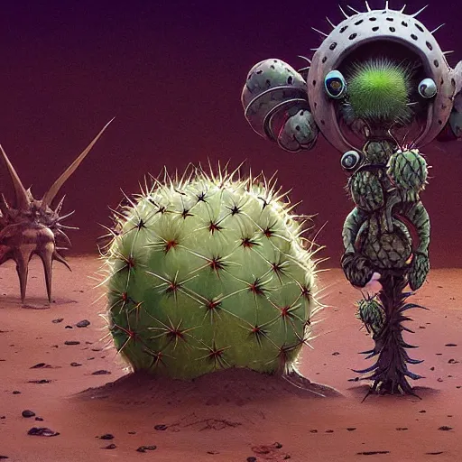 Image similar to ball creature covered with eyes, in the desert next to a cactus, d & d, fantasy, greg rutkowski, frank frazetta, alexandre chaudret, boris vallejo, michael whelan, miro petrov, hr giger, magali villeneuve, donato giancola