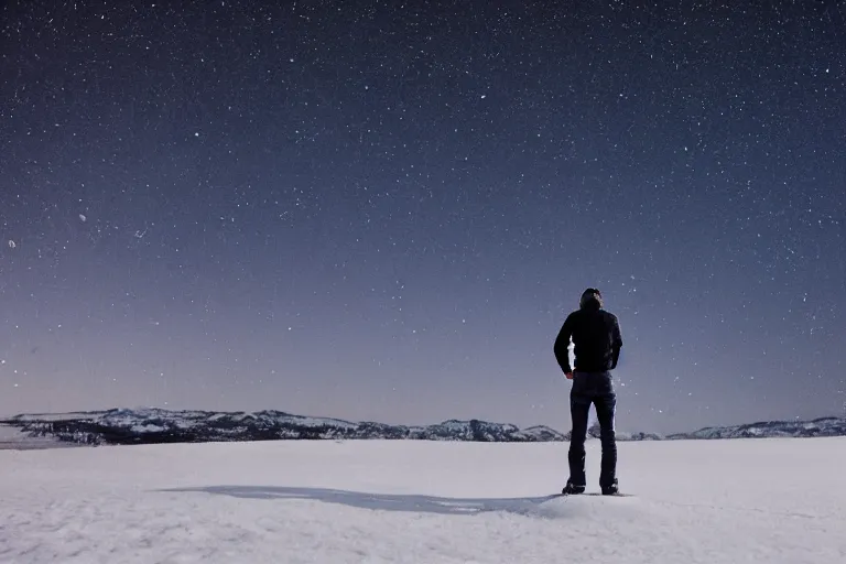 Prompt: a man standing in snow and looking up at the milky way