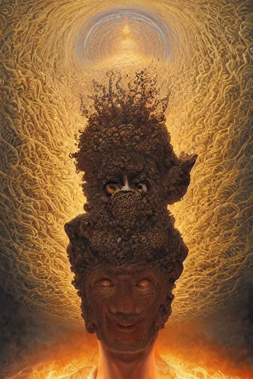 Prompt: Intricate stunning highly detailed deity by agostino arrivabene and Vladimir Kush, surreal sculpture, ultra realistic, Horror vacui, dramatic lighting, full moon, thick black swirling smoke tornado, burning fire embers, artstation