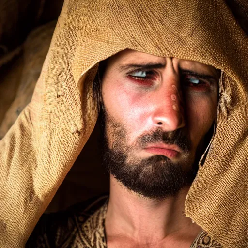 Prompt: Photograph of Angry 25 year old man in ancient Canaanite clothing wakes up in shock. Interior ancient tent. 40mm lens, shallow depth of field, split lighting