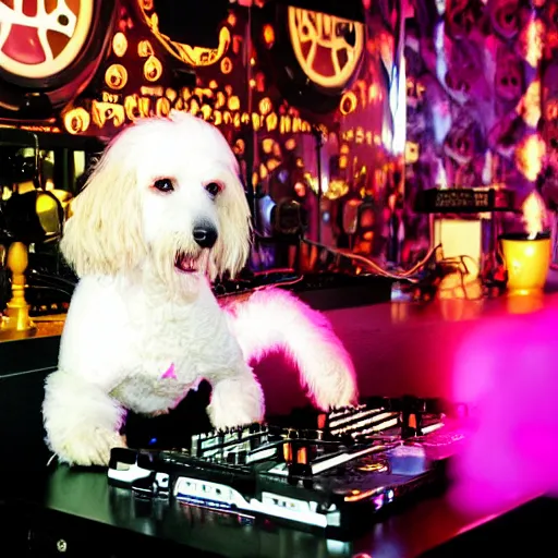 Prompt: a white cockapoo dj in a nightclub. by david lachapelle