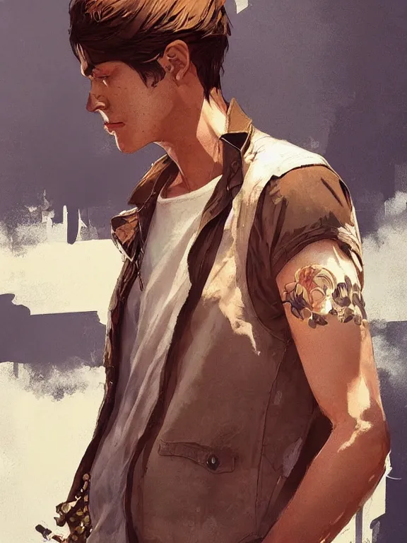 Prompt: portrait of a young man from grand theft auto 5 wearing a summer outfit, short brown hair, art by ryo shiotani and greg rutkowski, intricate, beautiful, cute, cinematic lighting, vintage art by serge ivanoff