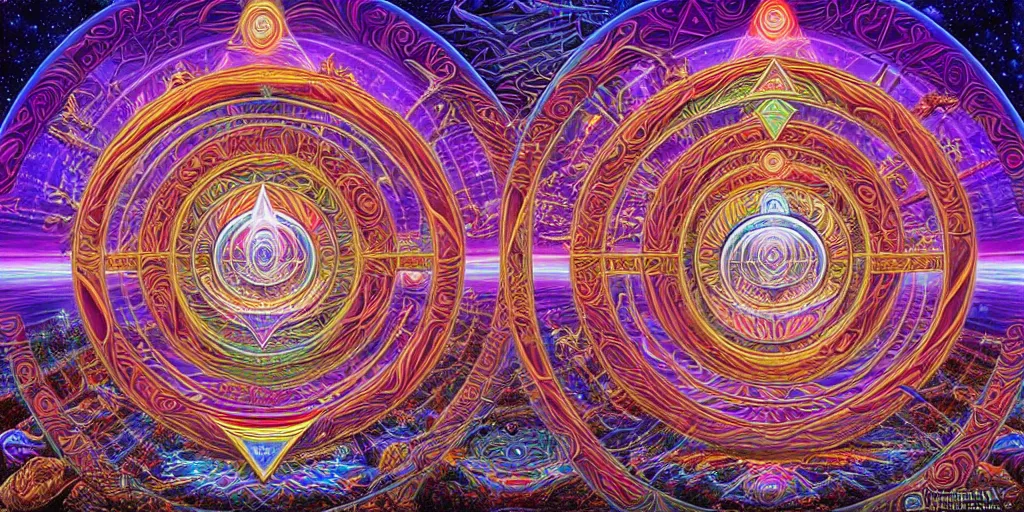 Image similar to dmt temple, sacred geometric buildings, time elves, 8 k resolution, ultra fine illustration, art by alex grey and tokio aoyama, highly detailed,
