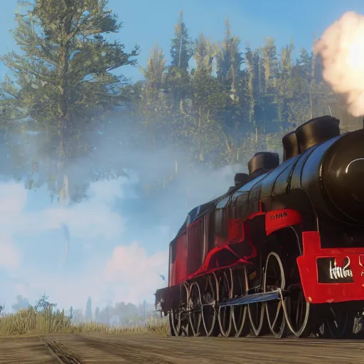 Image similar to futuristic sleek steam locomotive in red dead redemption 2