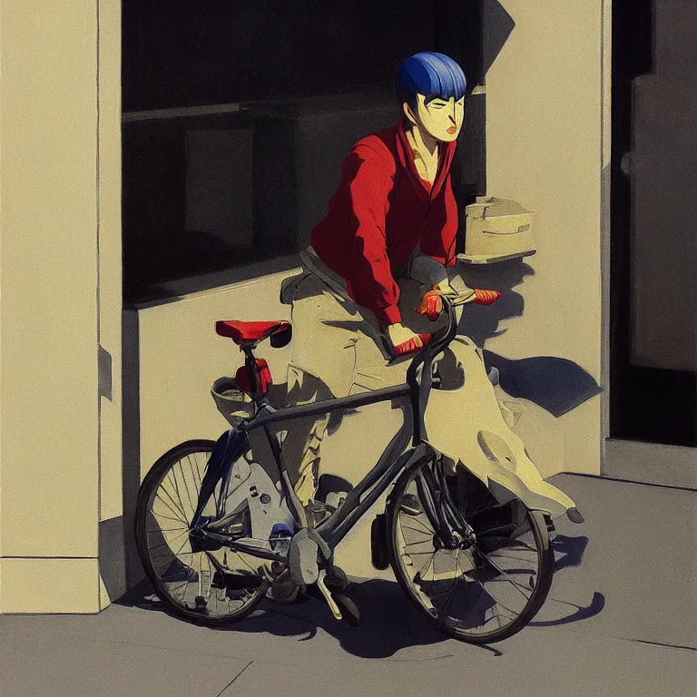 Image similar to Tatsuo on a bike from Akira by Edward Hopper, painted by James Gilleard, airbrush