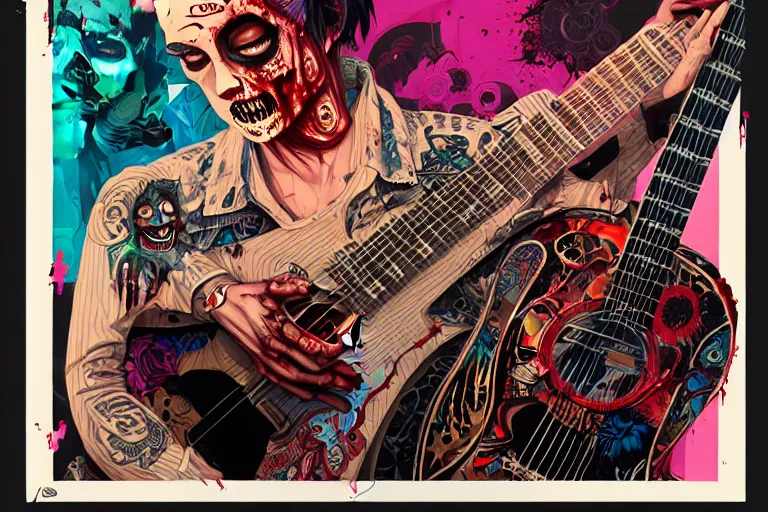 Image similar to zombie punk playing acoustic guitar, tristan eaton, victo ngai, artgerm, rhads, ross draws, intricated details, 3 / 4 view, full body portrait